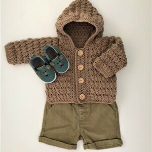 Brown Knit Baby Hoodie with Green Shorts and Blue Shoes